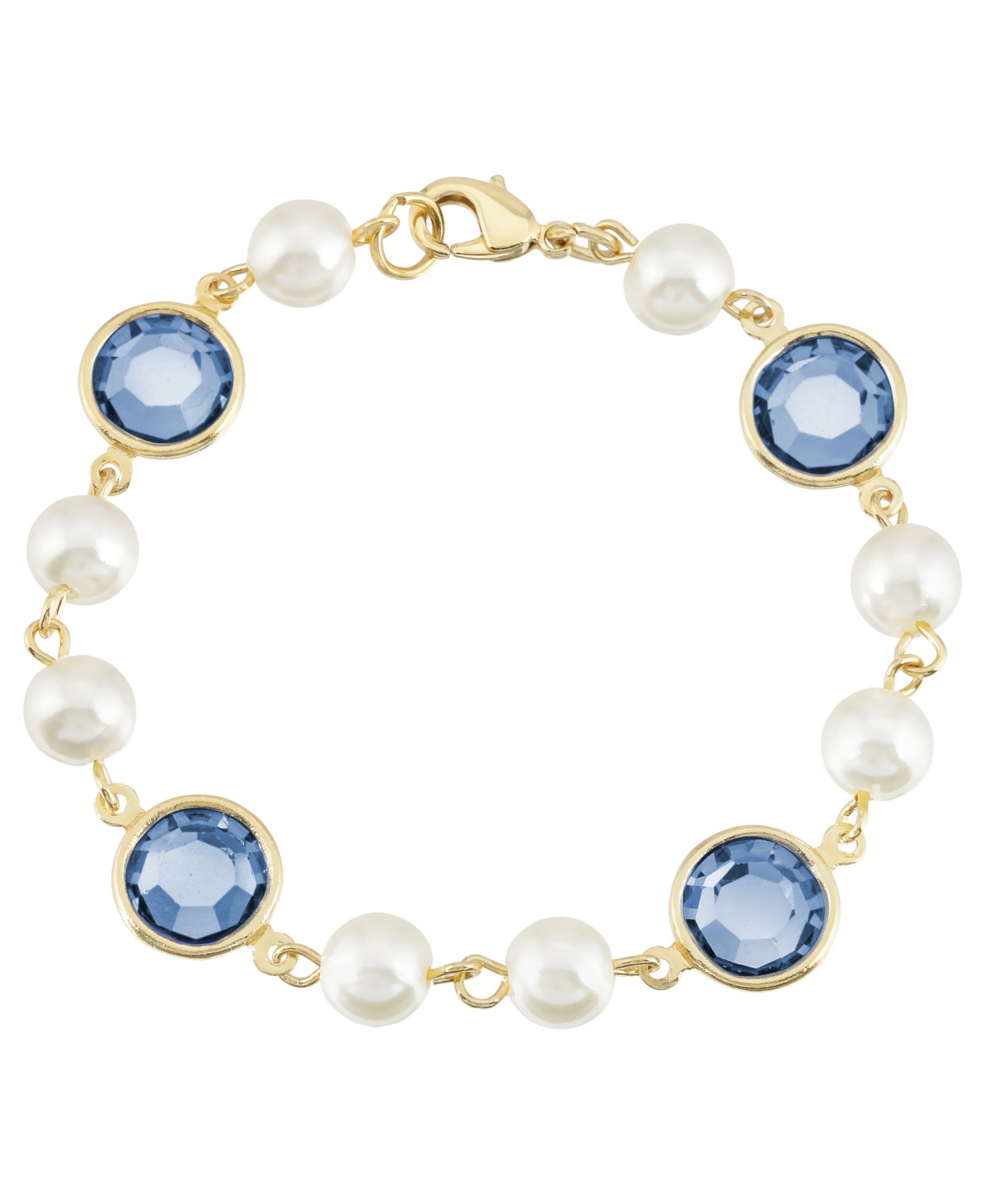 2028 Gold-Tone Imitation Pearl with Dark Blue Channels Link Bracelet