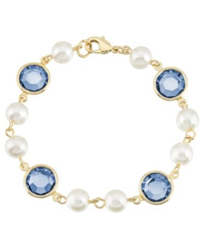 2028 Gold-Tone Imitation Pearl with Dark Blue Channels Link Bracelet
