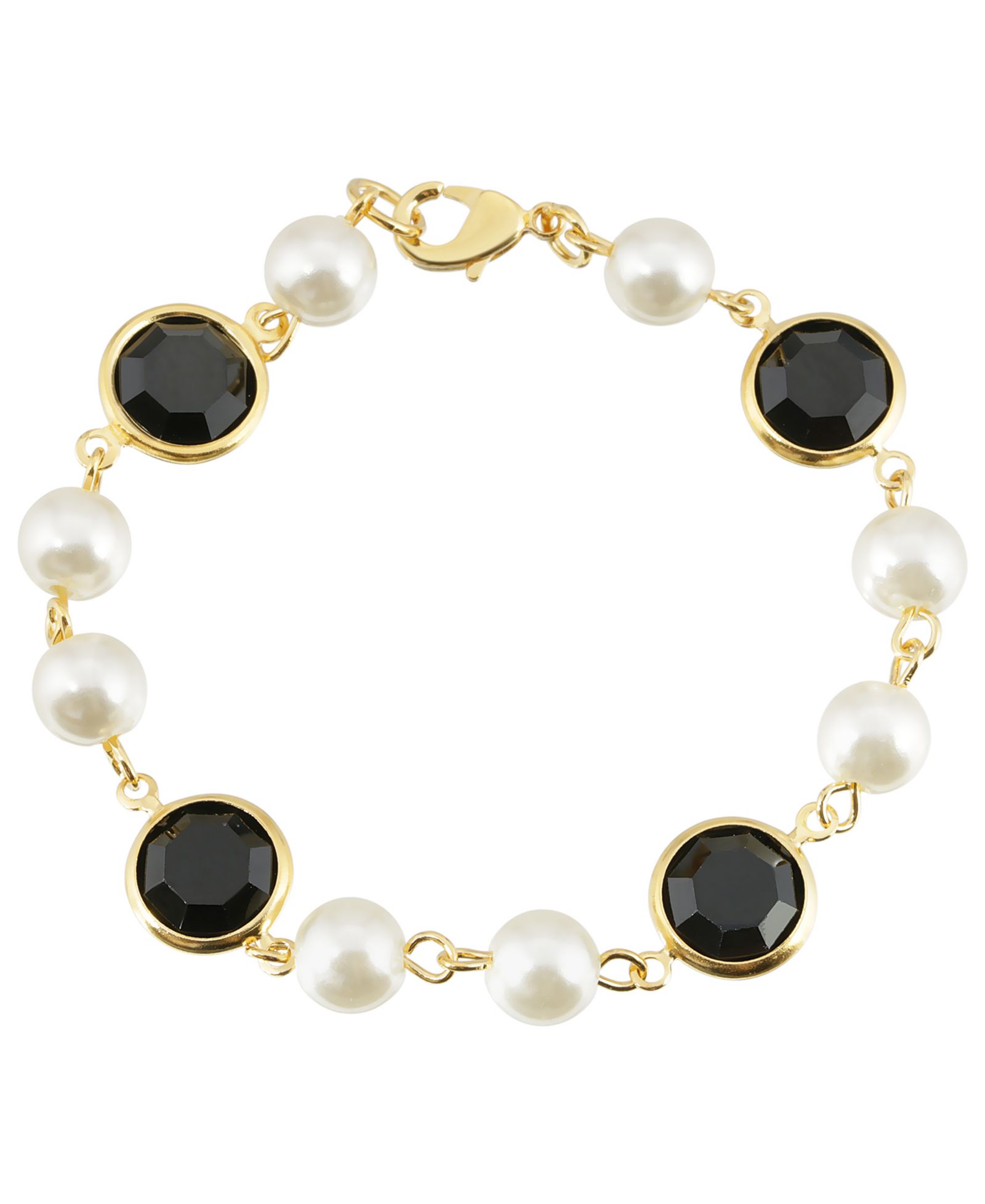 2028 Gold-Tone Imitation Pearl with Black Channels Link Bracelet