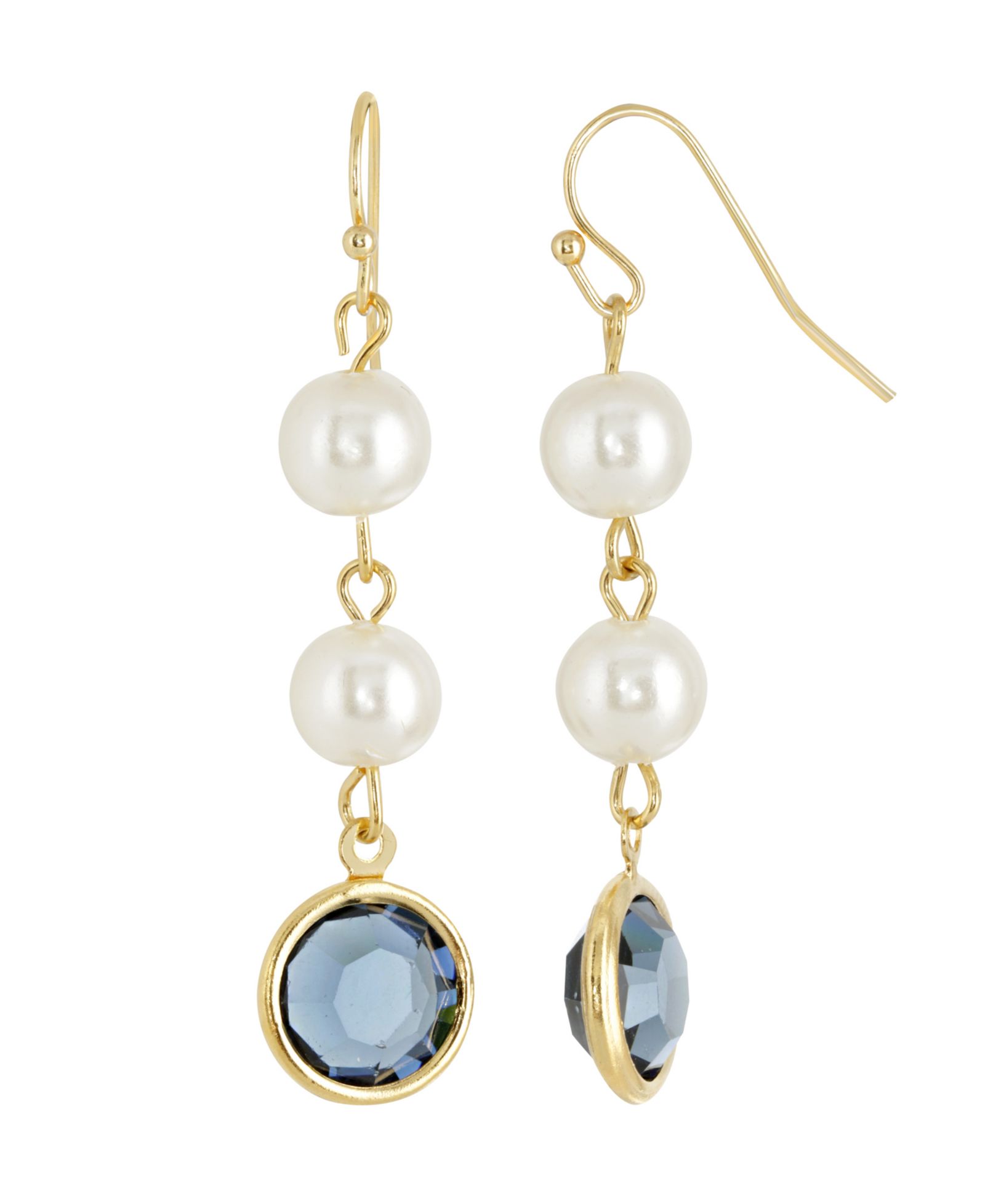 2028 Gold-Tone Imitation Pearl with Dark Blue Channels Drop Earring серьги 2028