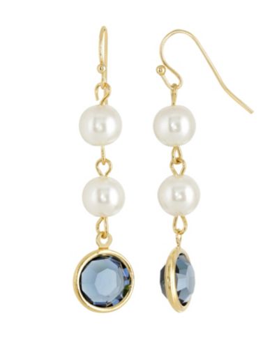 2028 Gold-Tone Imitation Pearl with Dark Blue Channels Drop Earring серьги 2028