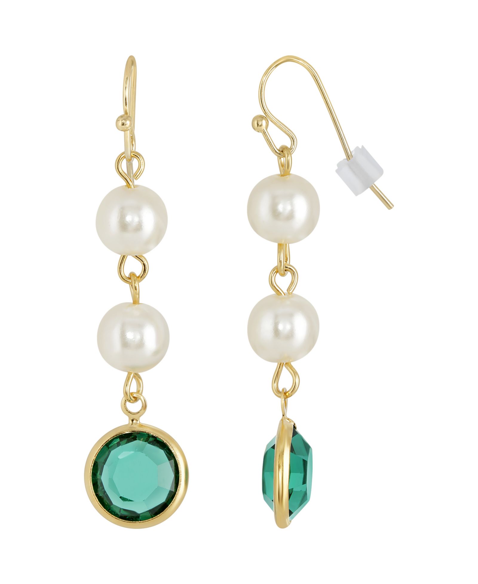 2028 Gold-Tone Imitation Pearl with Dark Green Channels Drop Earring