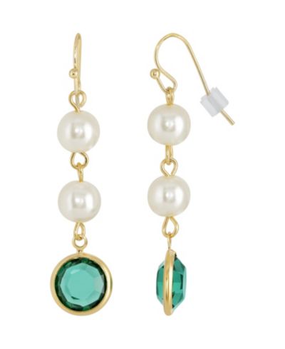 Серьги-подвески 2028 Gold-Tone Imitation Pearl с темно-зелеными вставками