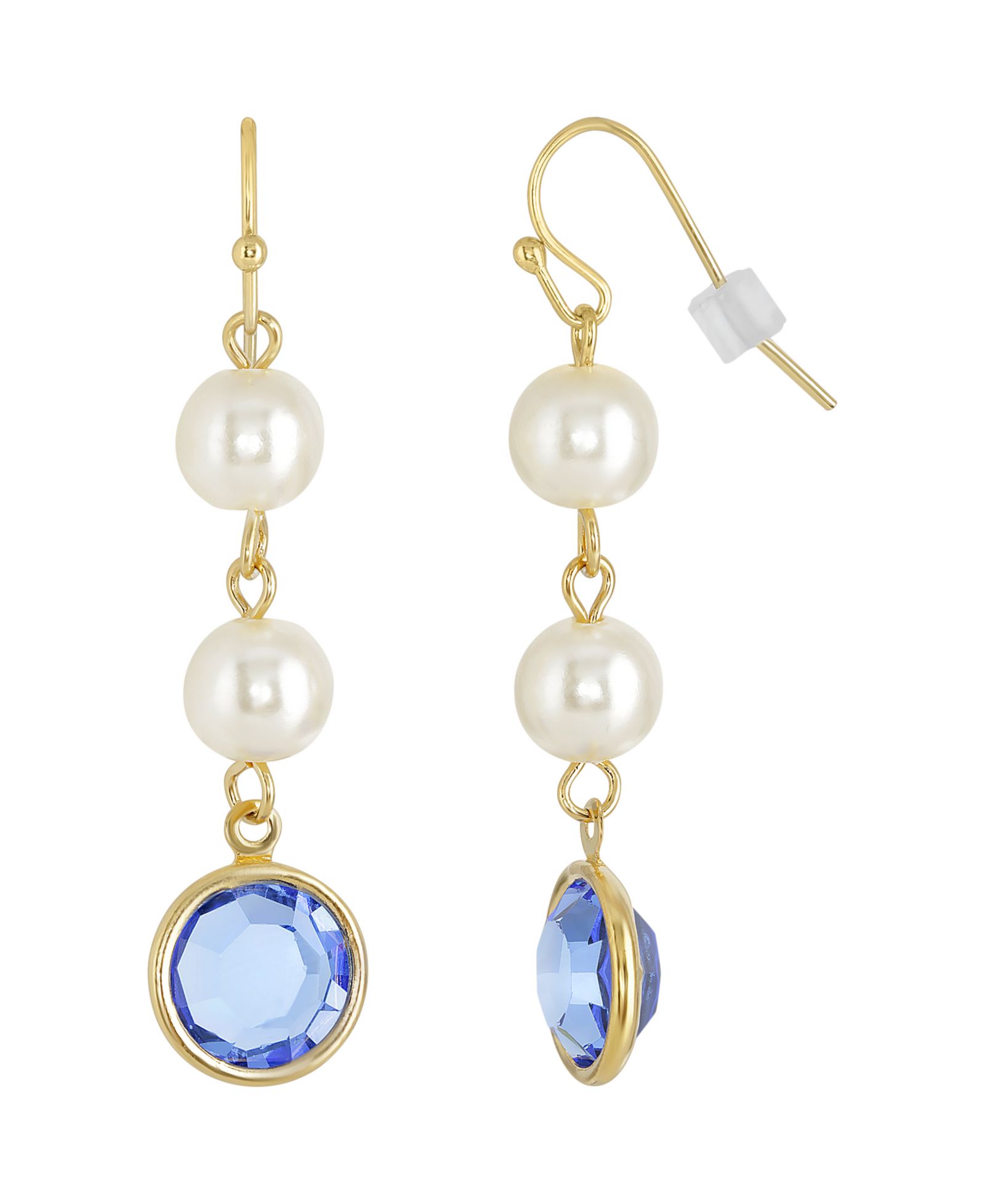 2028 Gold-Tone Imitation Pearl with Blue Channels Drop Earring