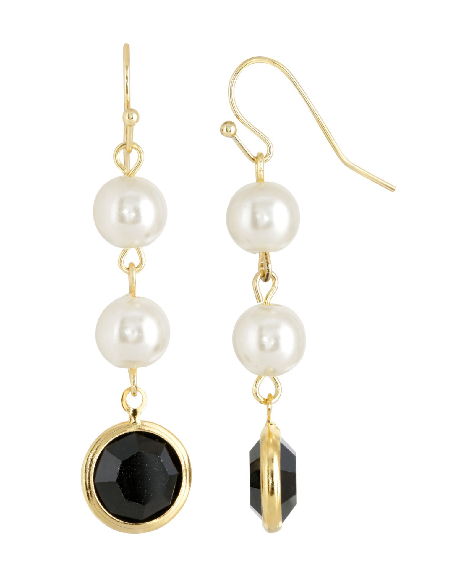 2028 Gold-Tone Imitation Pearl with Black Channels Drop Earring