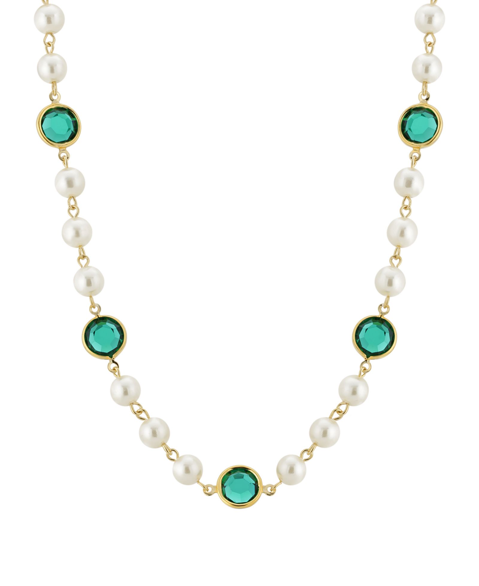 2028 Gold-Tone Imitation Pearl with Dark Green Channels 16" Adjustable Necklace