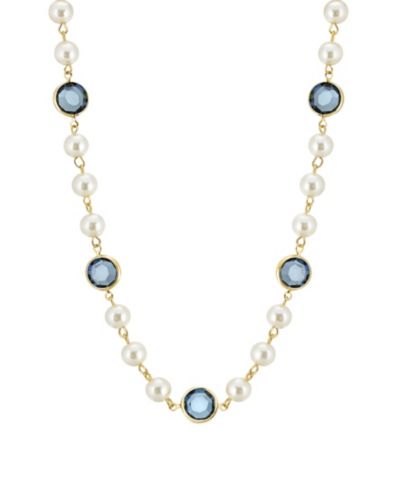 2028 Gold-Tone Imitation Pearl with Dark Blue Channels 16" Adjustable Necklace