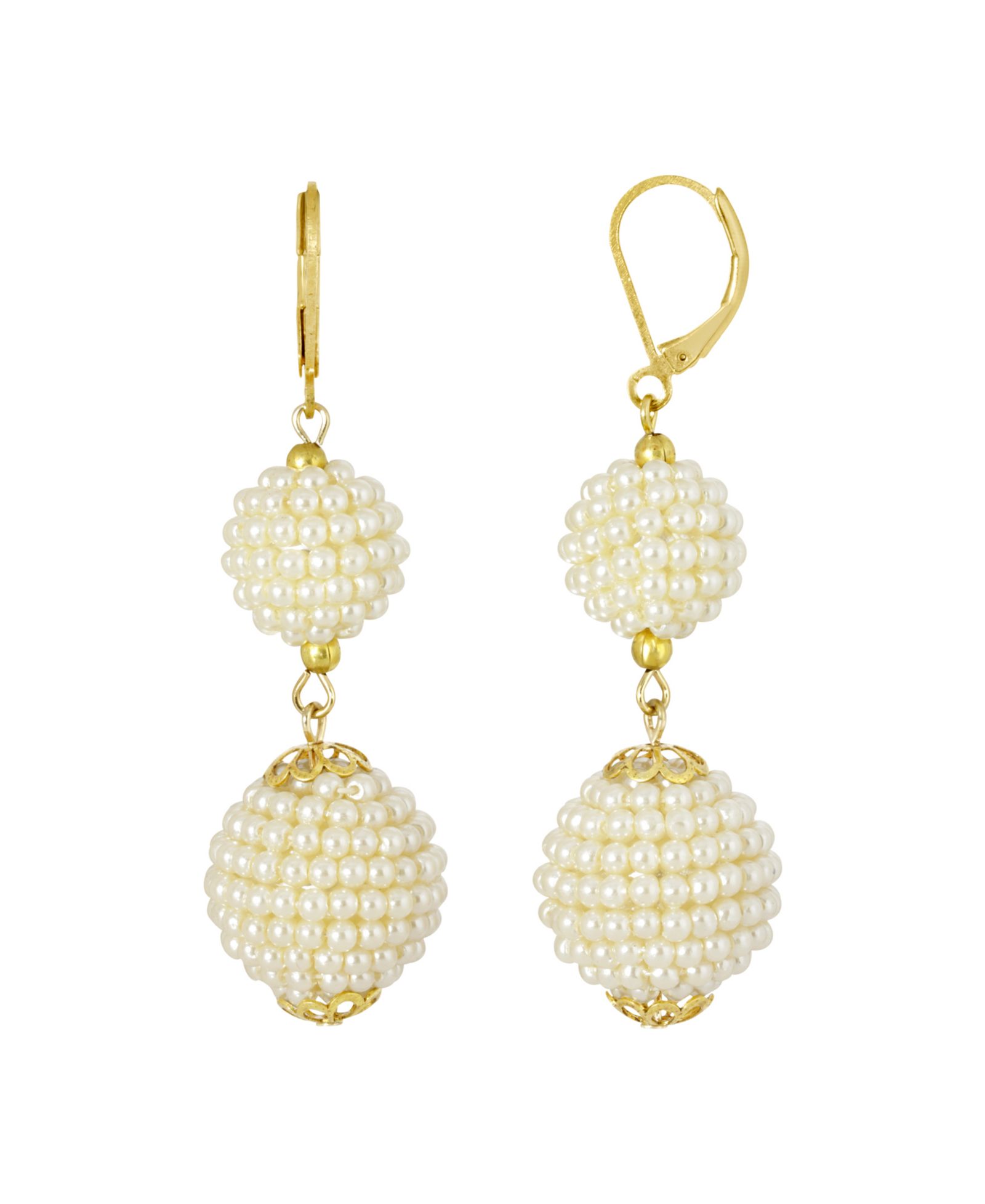 2028 Gold-Tone Double Seeded Imitation Pearl Drop Ball Earrings