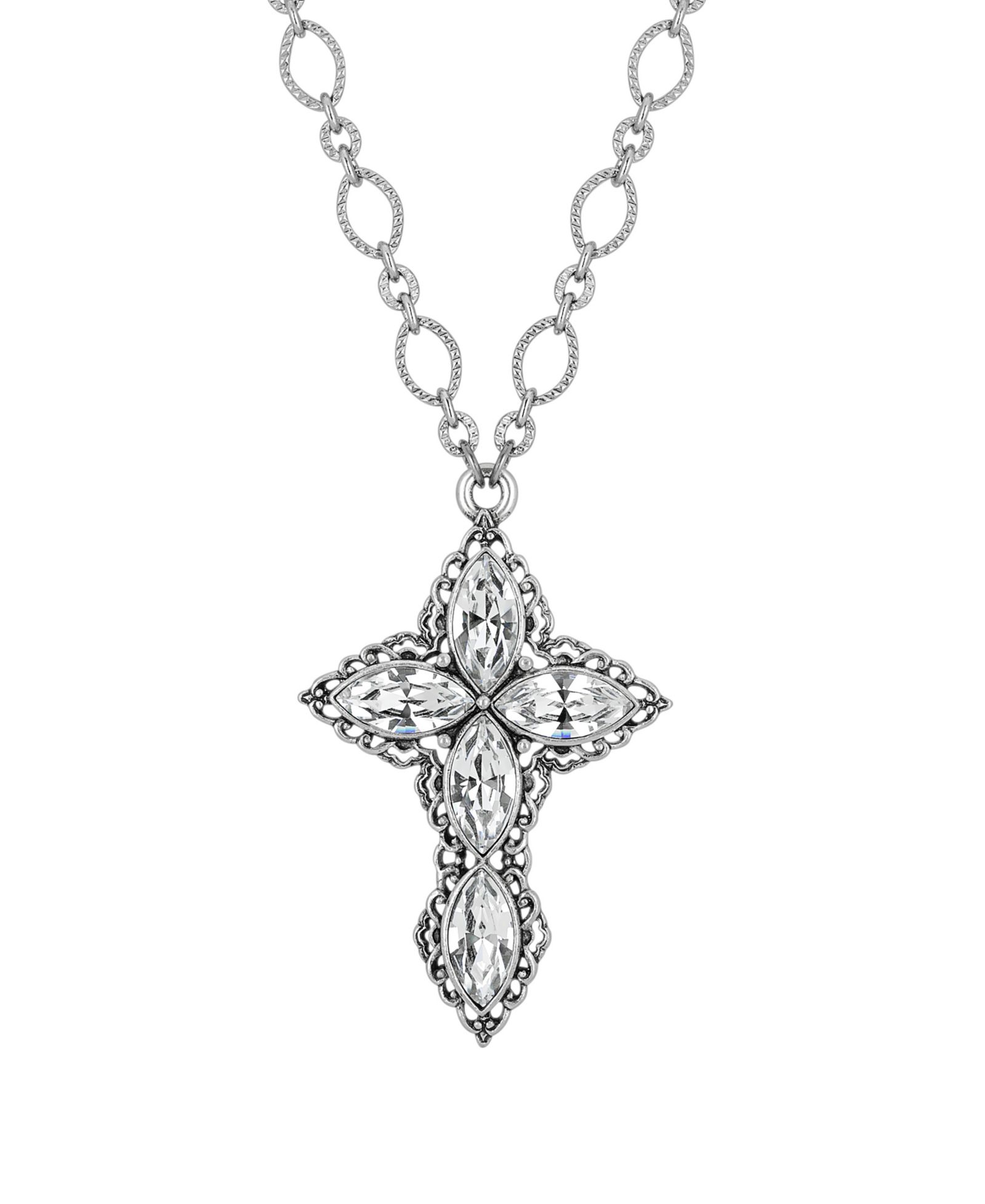 Ожерелье 2028 Pewter Crystal Diamond Shaped Stones Cross 24"