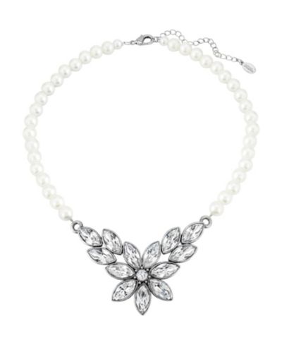 Ожерелье 2028 Silver-Tone Diamond Shaped Crystal Flower 15" Adjustable Imitation Pearl