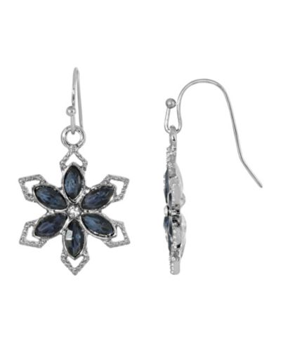 Серьга 2028 Silver-Tone Sapphire Blue Color Stone с Crystal Flower