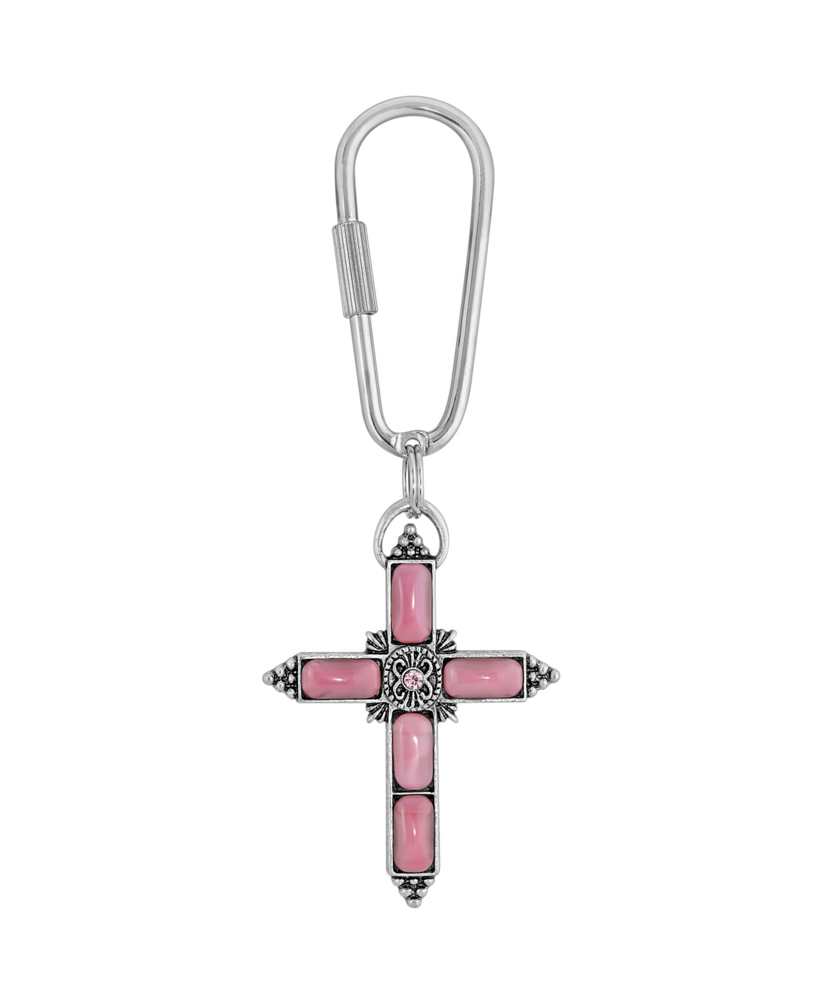 Брелок с розовым лунным камнем и кристаллом 2028 Silver-Tone Pink Moonstone Pink Crystal Cross Key Chain