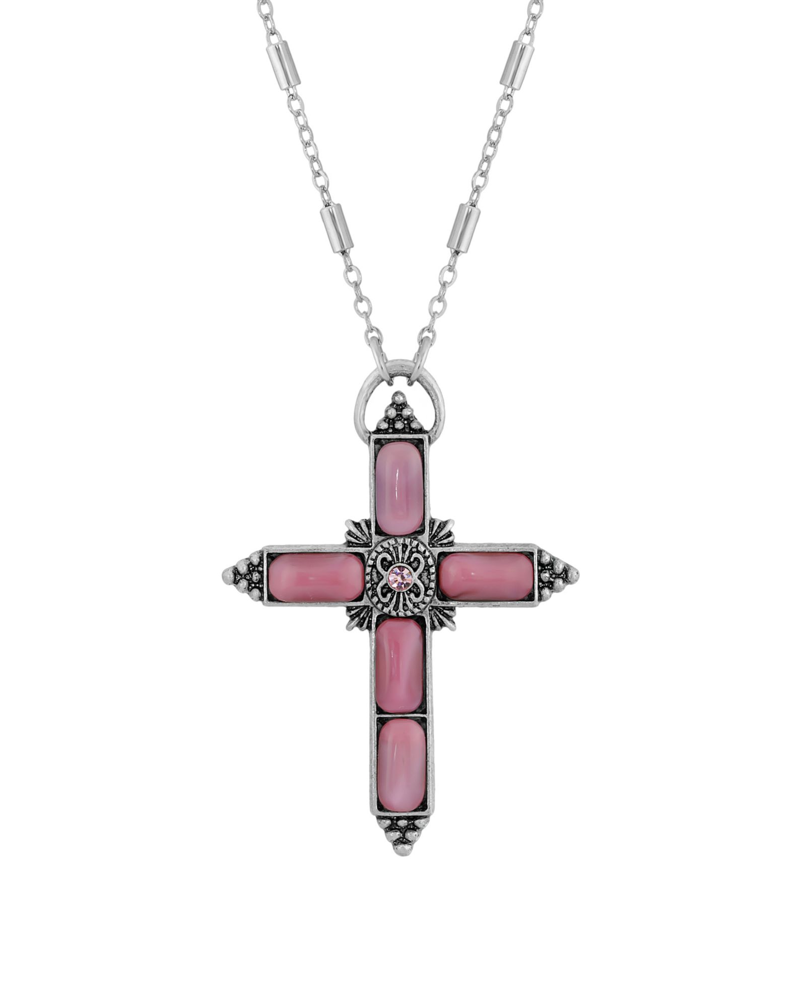 Ожерелье Symbols of Faith Silver-Tone Pink Moonstone Pink Crystal Cross 20"