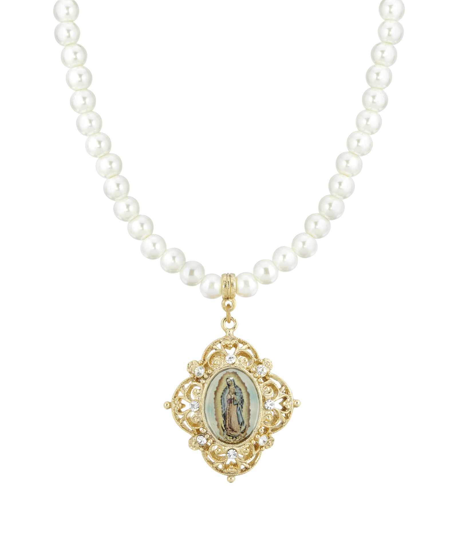 Подвеска Symbols of Faith Gold-Tone Imitation Pearl Strandage Mary Decal 15" Adjustable