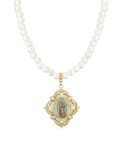 Подвеска Symbols of Faith Gold-Tone Imitation Pearl Strandage Mary Decal 15" Adjustable