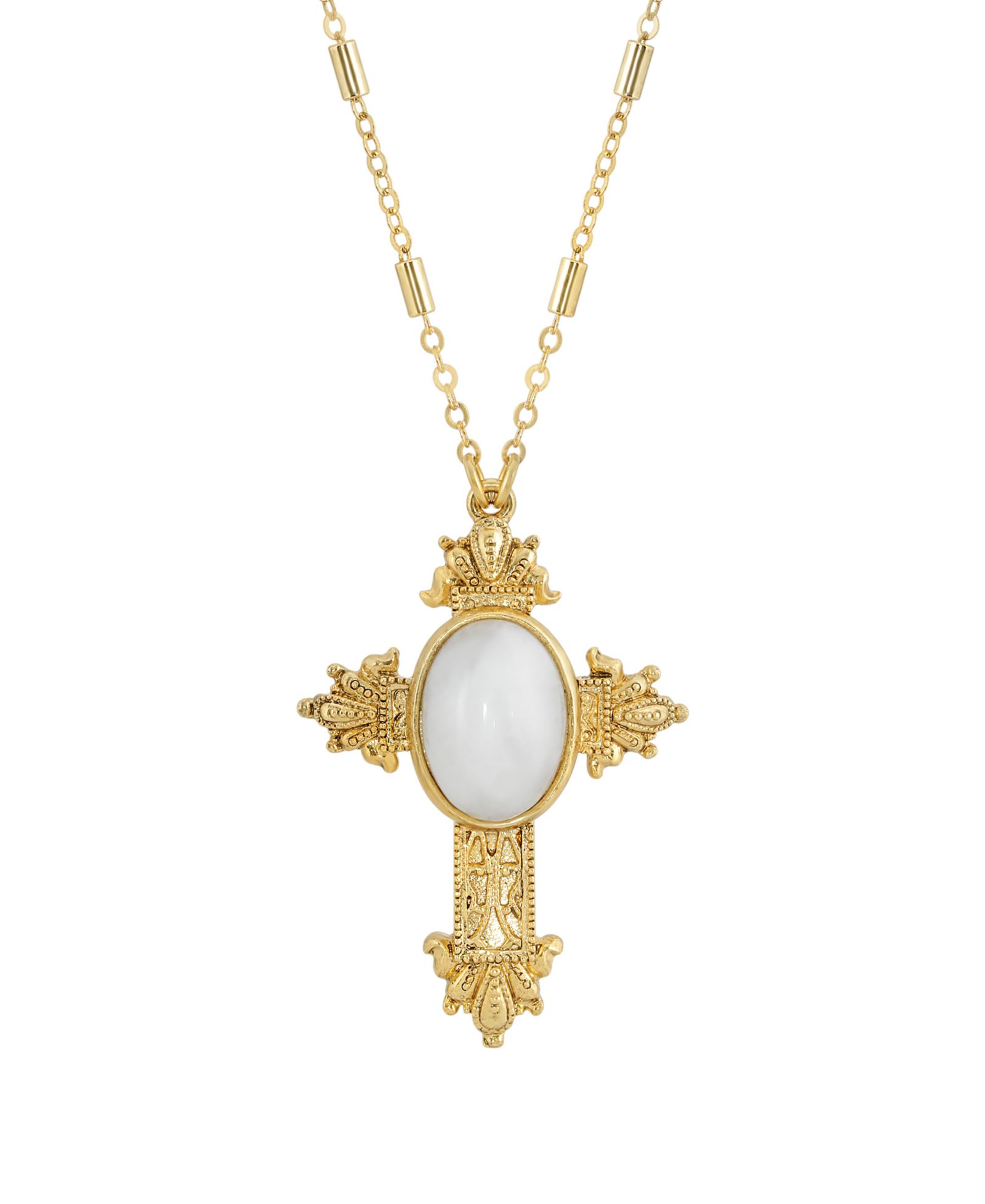 Подвеска Symbols of Faith 14K Gold Dipped Oval Semi Precious Genuine White Quartz Cross 28"