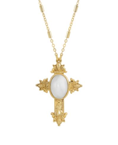 Подвеска Symbols of Faith 14K Gold Dipped Oval Semi Precious Genuine White Quartz Cross 28"