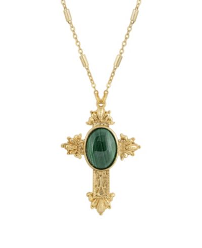 Symbols of Faith 14K Gold Dipped Oval Semi Precious Genuine Green Malachite Cross 28" Necklace