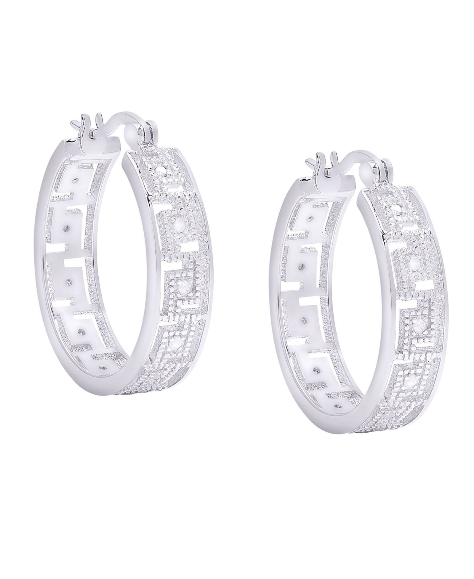 Серьги-кольца Macy's Diamond Accent Silver-plated Greek Key