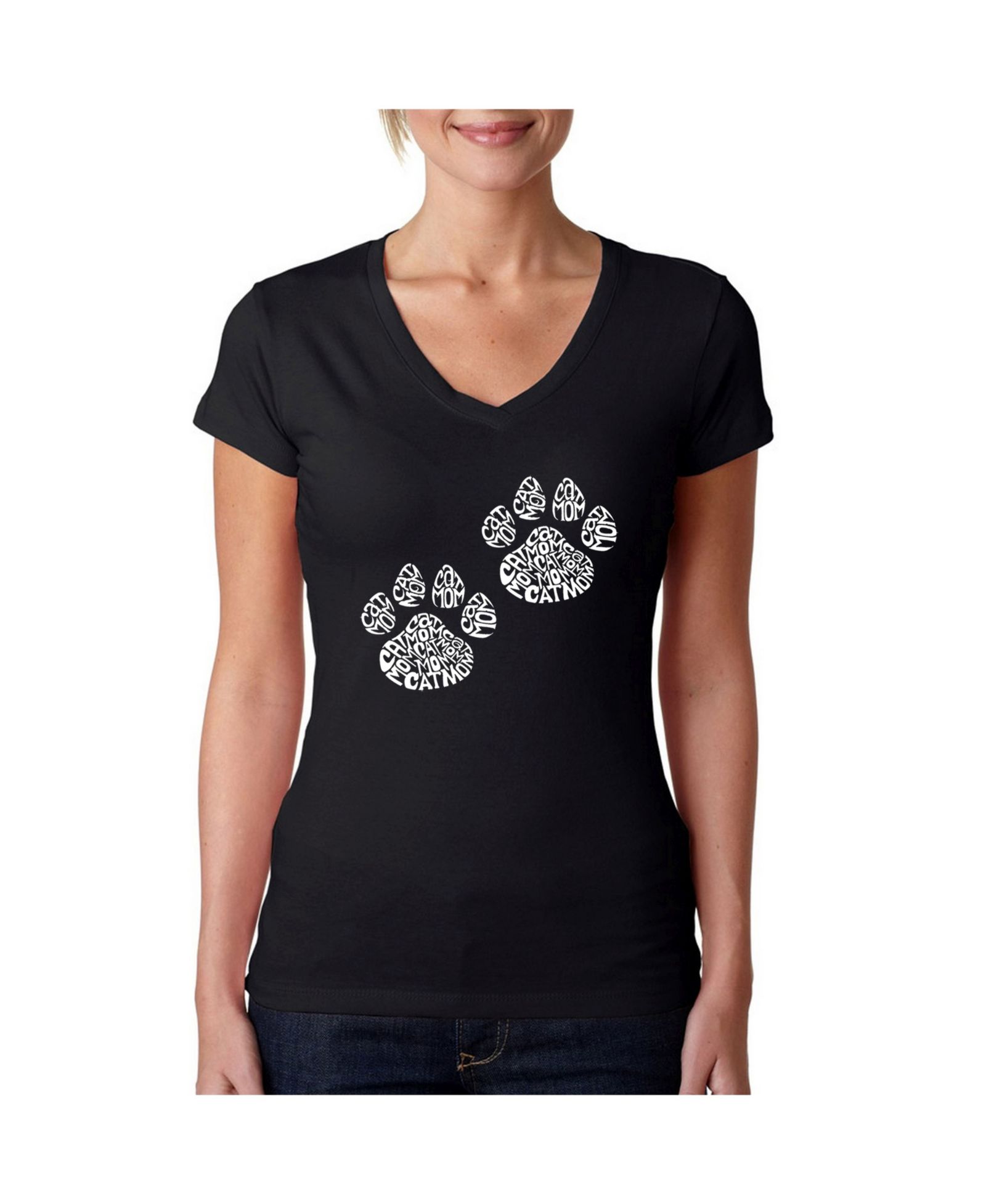 La Pop Art Women's Word Art V-Neck Cat Mom T-Shirt