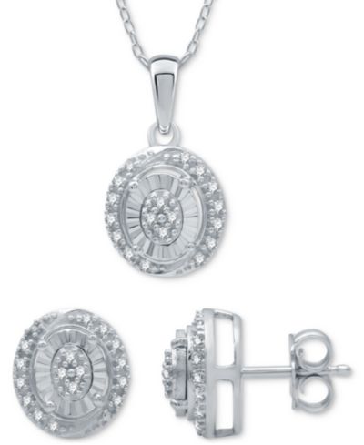 Набор из 2 шт. Подвеска Diamond (1/6 ct. t.w.) Oval Cluster и подходящие серьги-гвоздики из стерлингового серебра