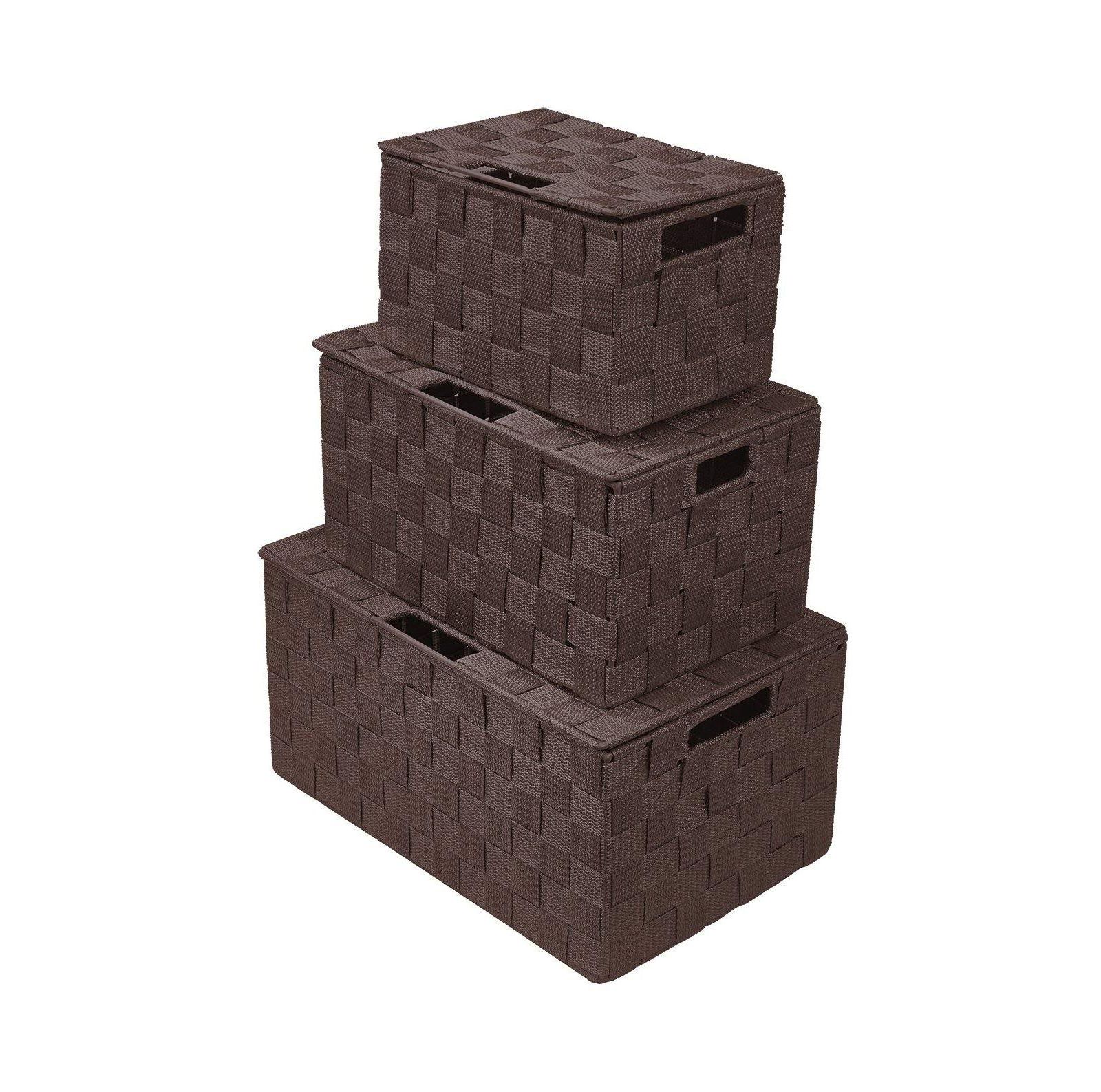 Sorbus 3 Piece Decorative Stackable Woven Basket with Lid and Built-in Carry Handles - Great for Storage and Organization