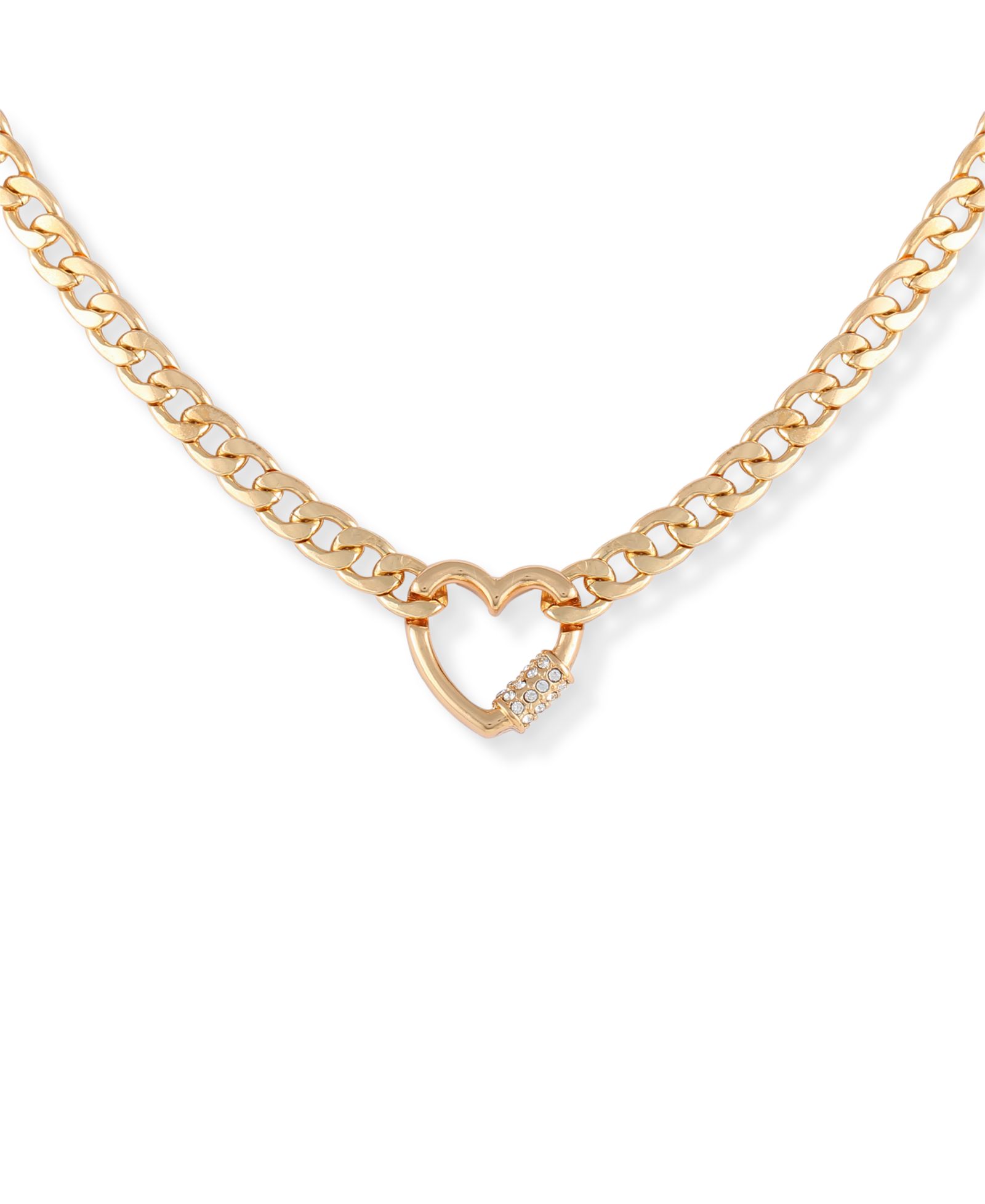 GUESS Gold-Tone Crystal Heart Charm Necklace, 16" + 2" extender