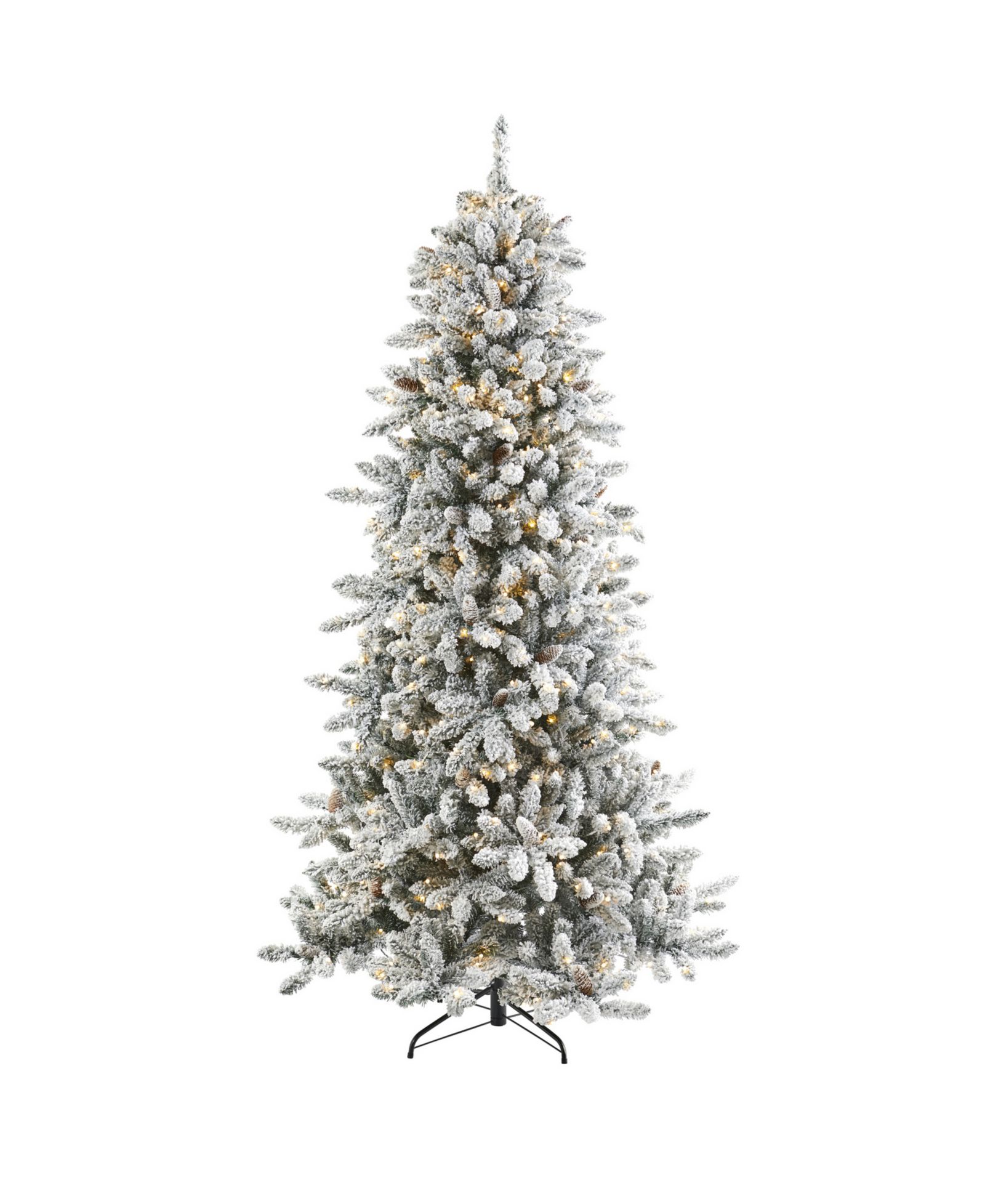 Nearly Natural Flocked Livingston Fir Artificial Christmas Tree with Pine Cones and 500 Clear Warm LED Lights