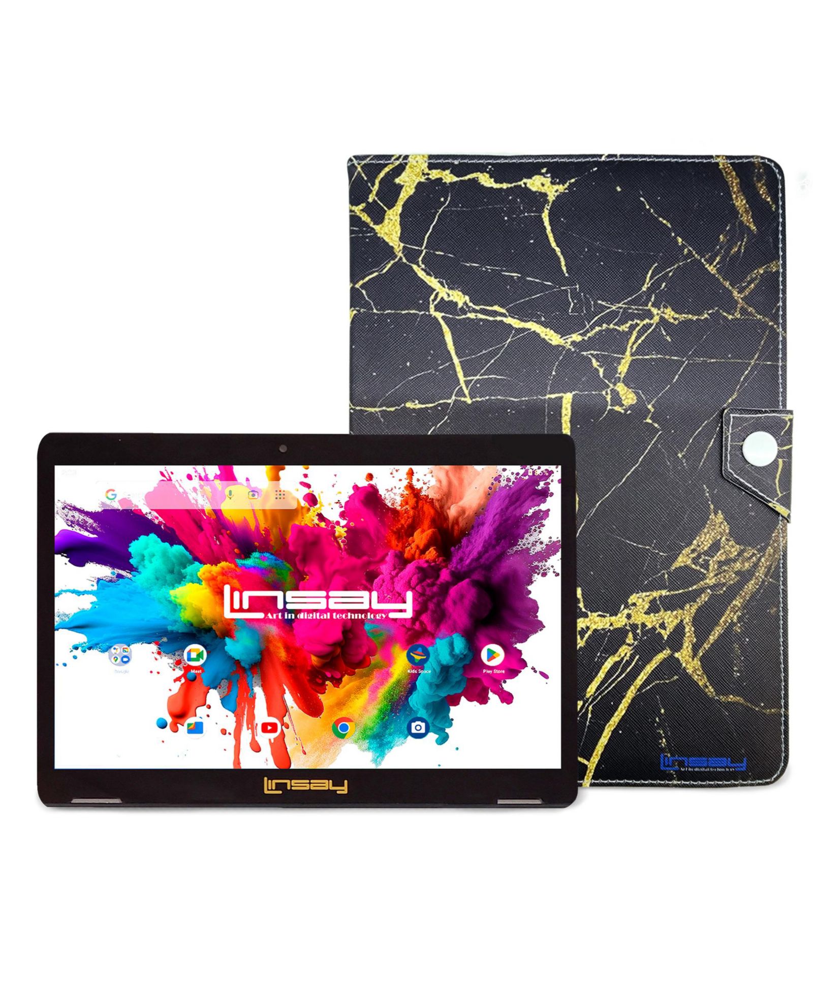 Планшет LINSAY 10.1" Octa Core 128GB, комплект с чехлом Black and Gold Marble, Android 15