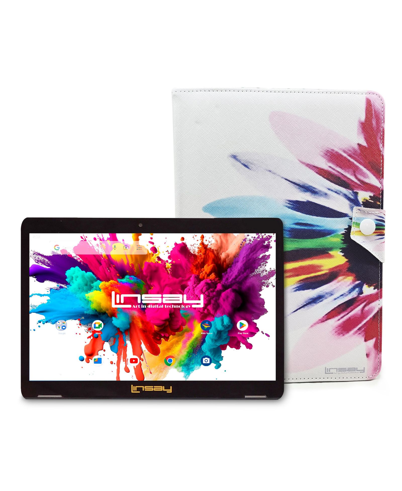 LINSAY планшет 128GB с чехлом Flower, Quad Core 4GB RAM Android 15, 10.1"