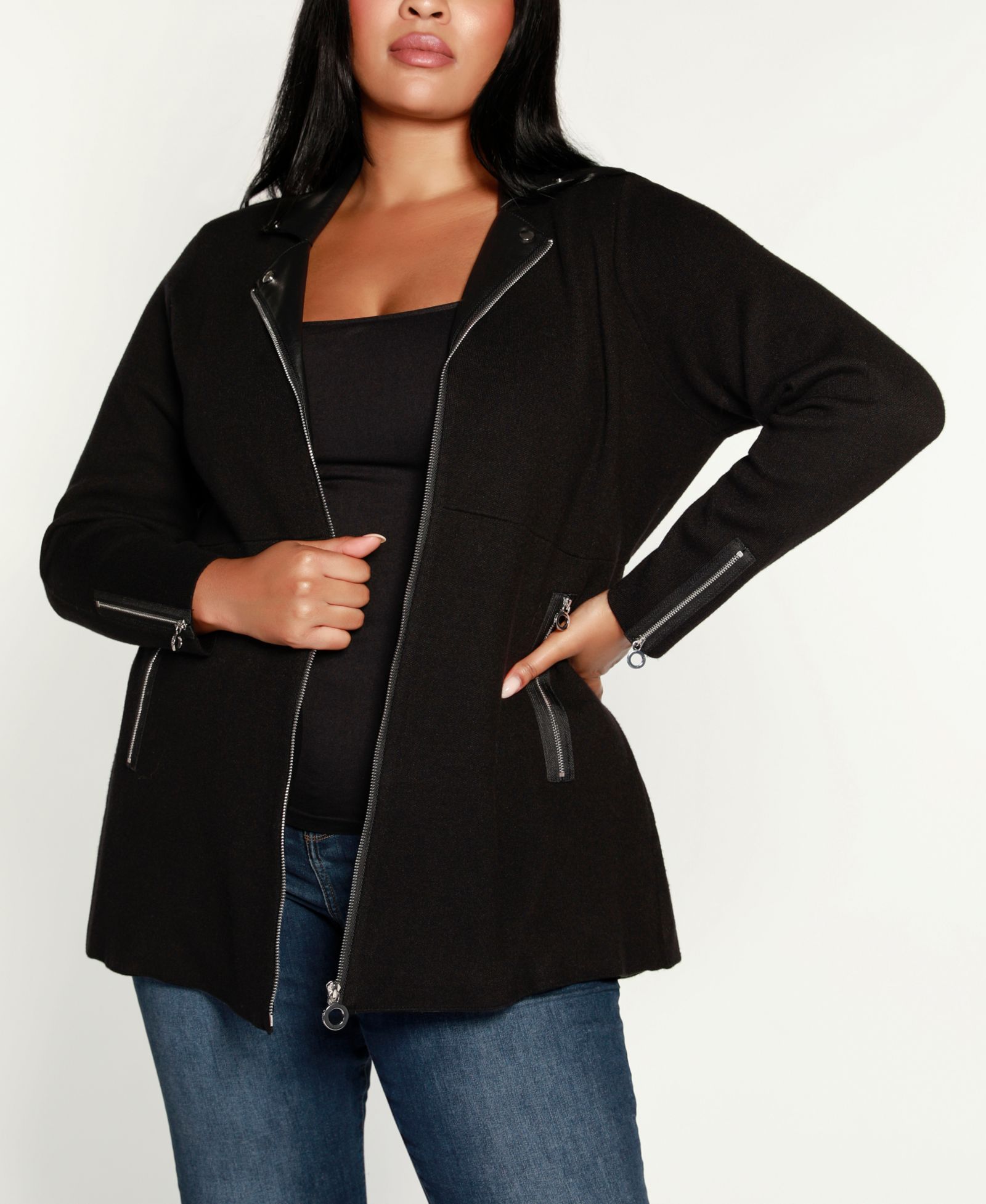 Belldini Plus Size Black Label Collared Sweater Jacket