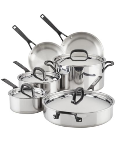 KitchenAid 5-Ply Clad Stainless Steel 10 Piece Cookware Induction Pots and Pans Set