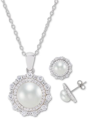 Комплект из 2 шт. Подвеска и серьги с жемчугом и Cubic Zirconia