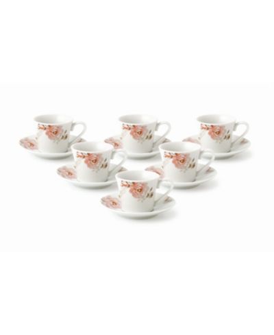Lorren Home Trends Floral Design 12 Piece 2oz Espresso Cup and Saucer Set, Service for 6