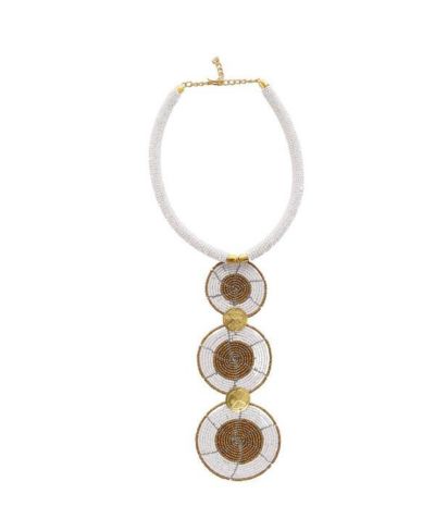 Mukiri Handcrafted African Beaded Necklace for Women - Kenyan Jewelry with Brass Shilling Accents, 3-Disc Tribal Design