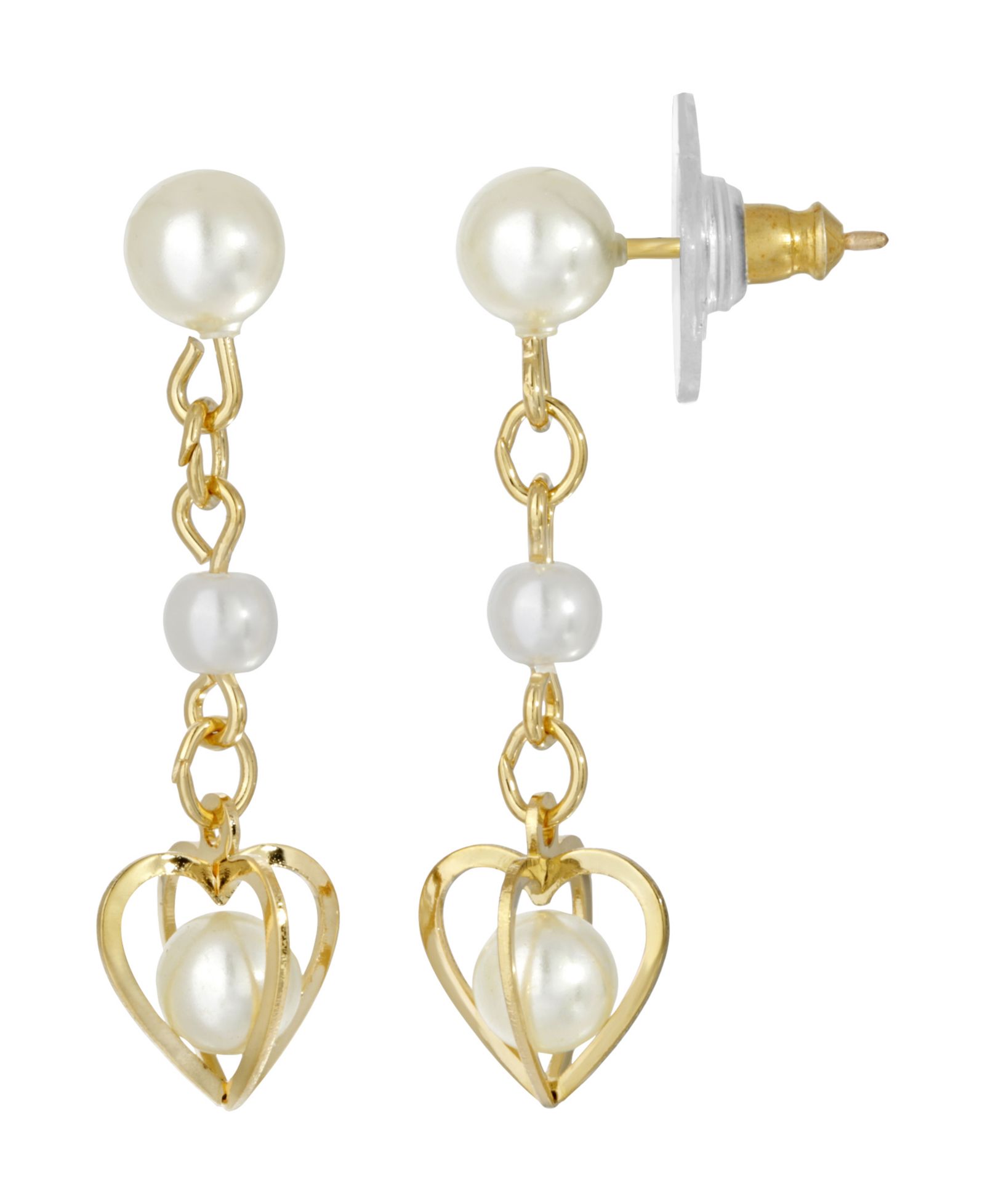 Женские серьги 2028 14K Gold-tone Double Imitation Pearl Drop Heart