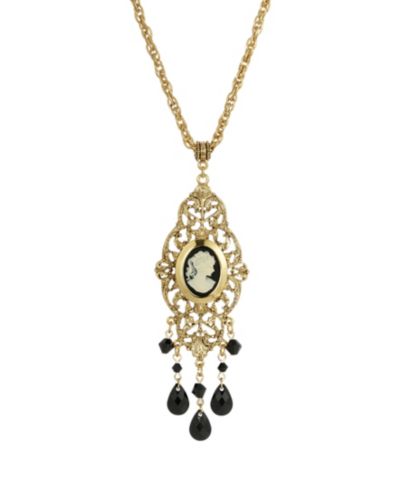 2028 Women's Gold Tone Black Oval Cameo Locket Necklace