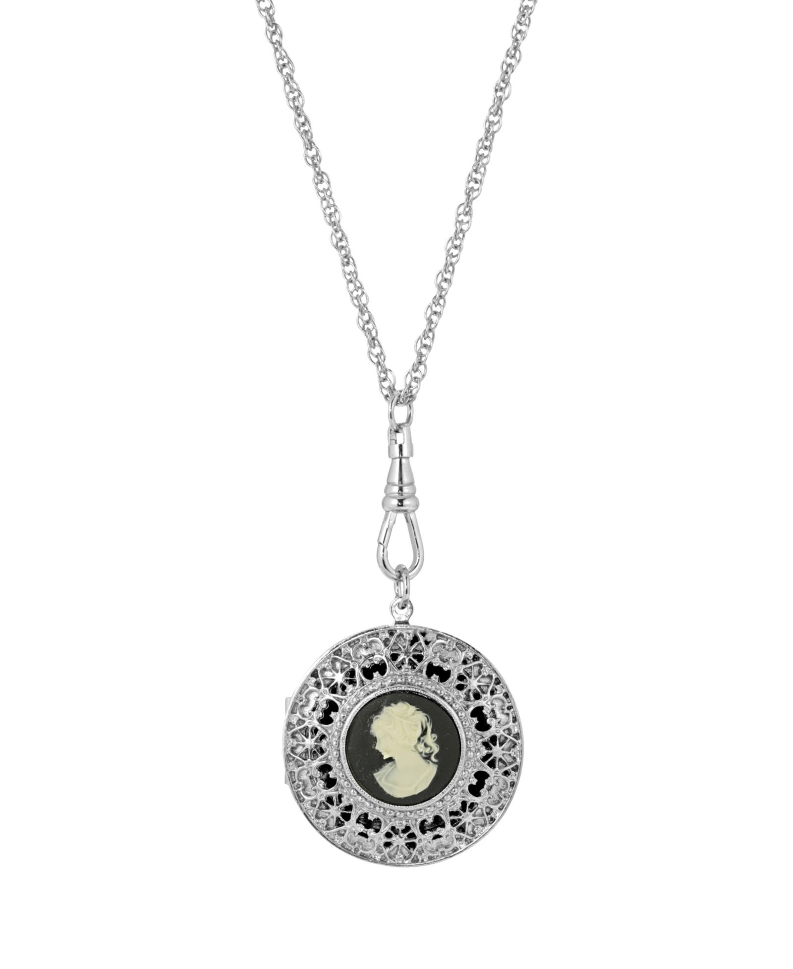 Женский кулон-медальон 2028 Silver Tone Black Cameo Round Filigree