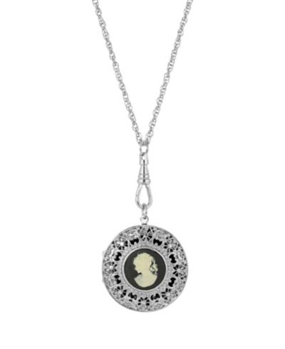 2028 Women's Silver Tone Black Cameo Round Filigree Locket Necklace