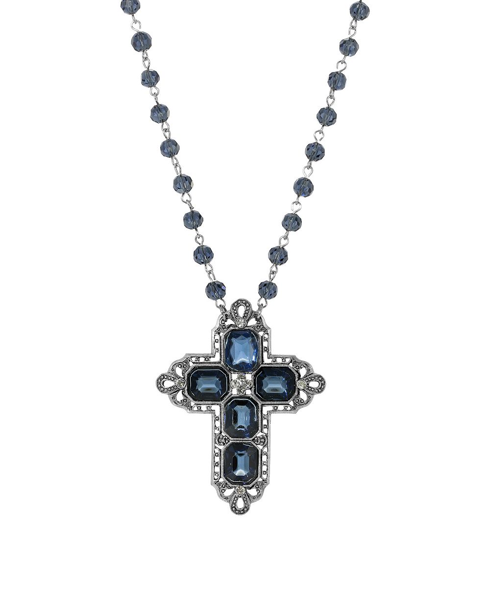Ожерелье 2028 Women's Pewter Rectangle Sapphire Blue Color Crystal Cross Beaded