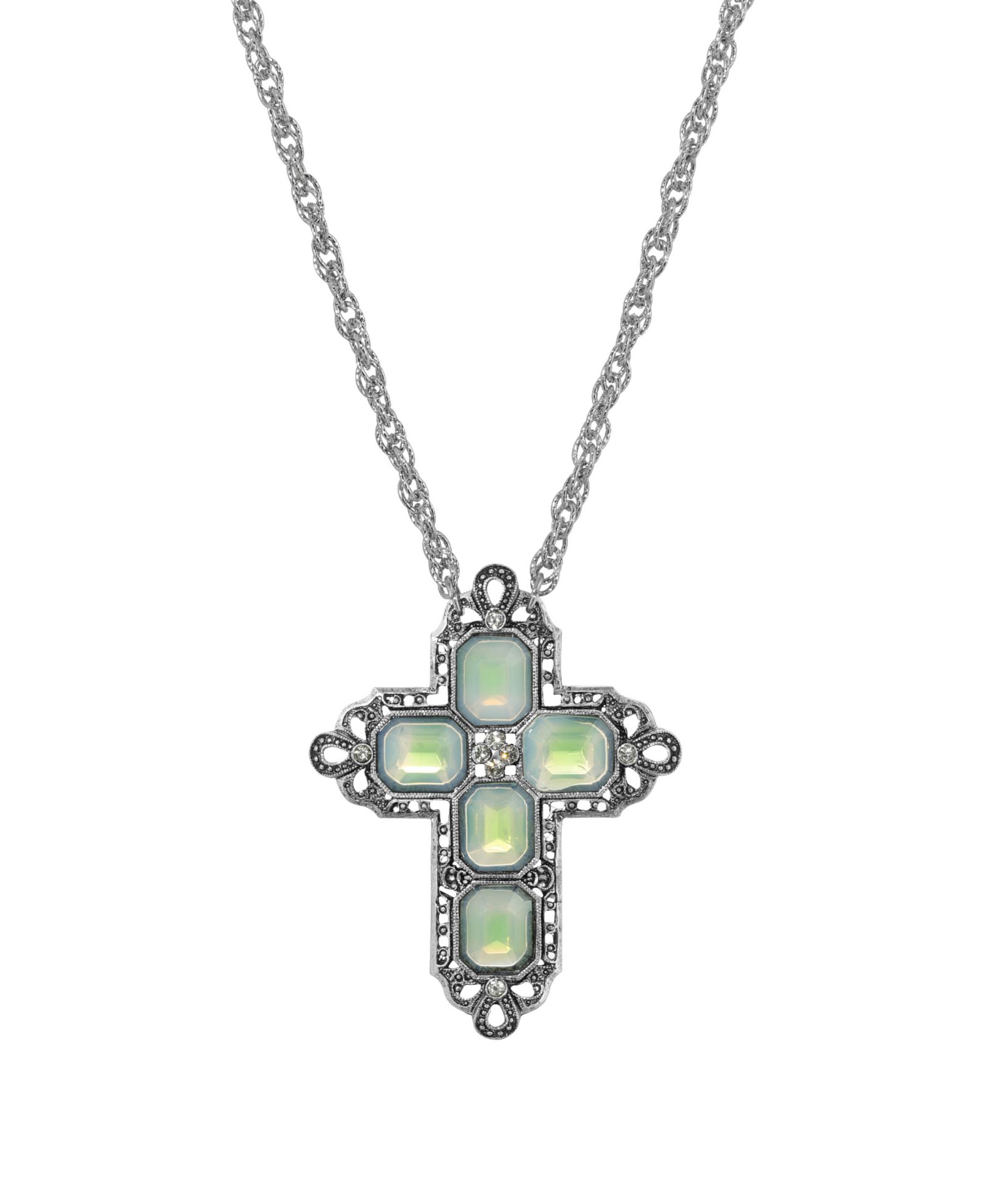 2028 Women's Pewter Rectangle Blue AB Crystal Cross Chain Necklace