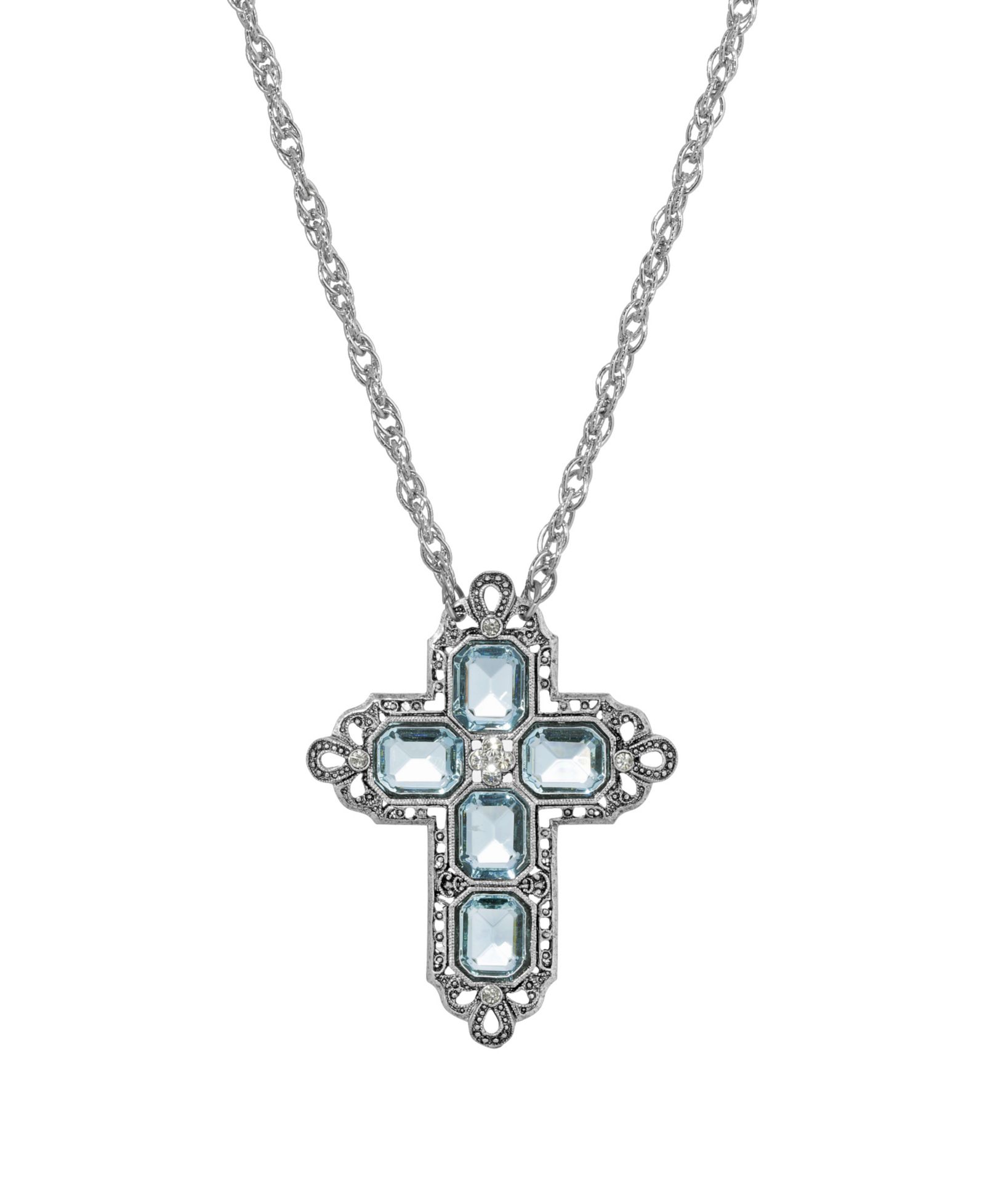2028 Women's Pewter Rectangle Light Blue Crystal Cross Chain Necklace