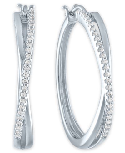 Серьги-кольца Macy's Diamond Crossover Hoop Earrings (1/4 ct. t.w.) Sterling Silver
