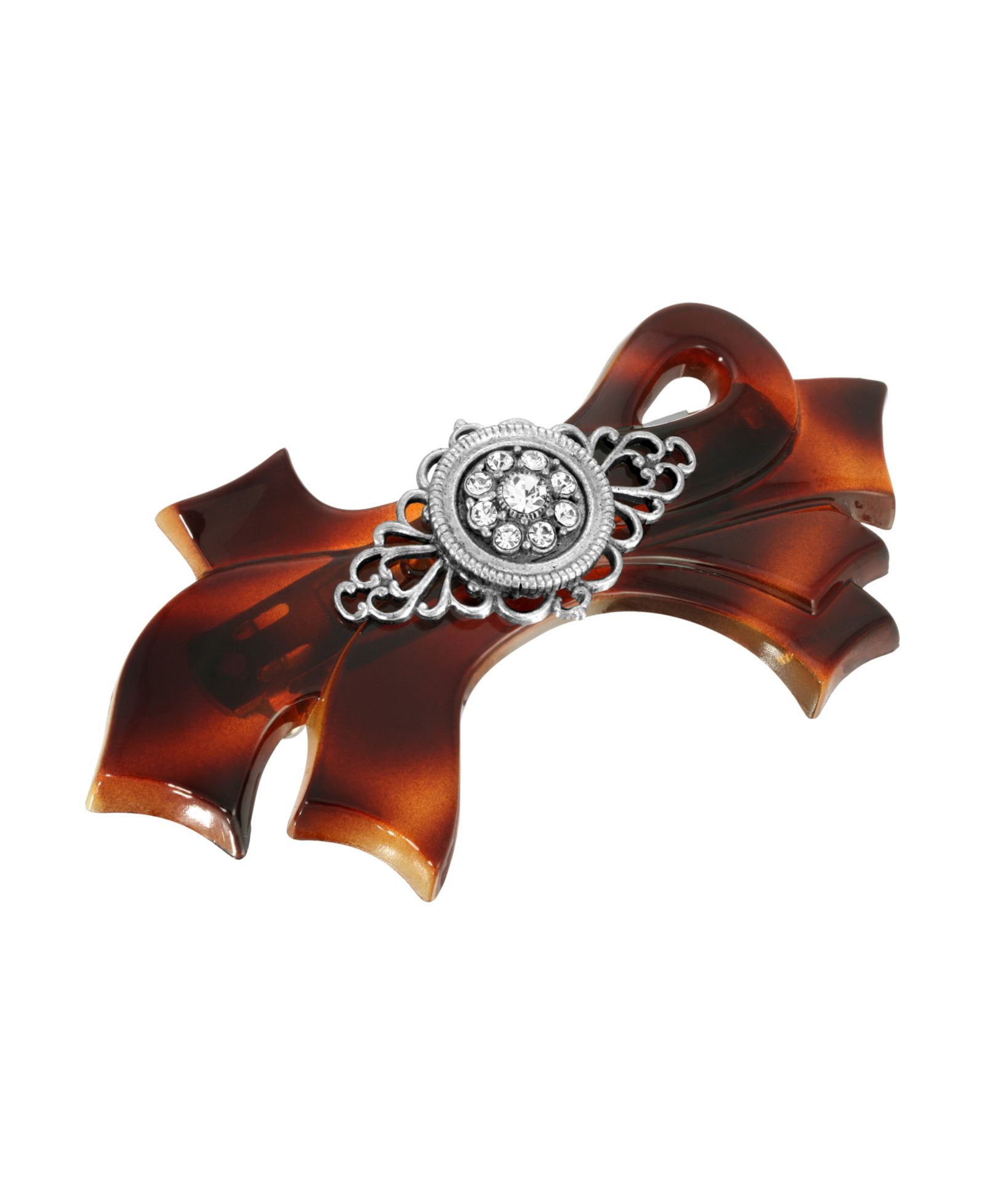 Women's Tortoise with Silver-Tone Filigree and Crystal Accent Bow Barrette