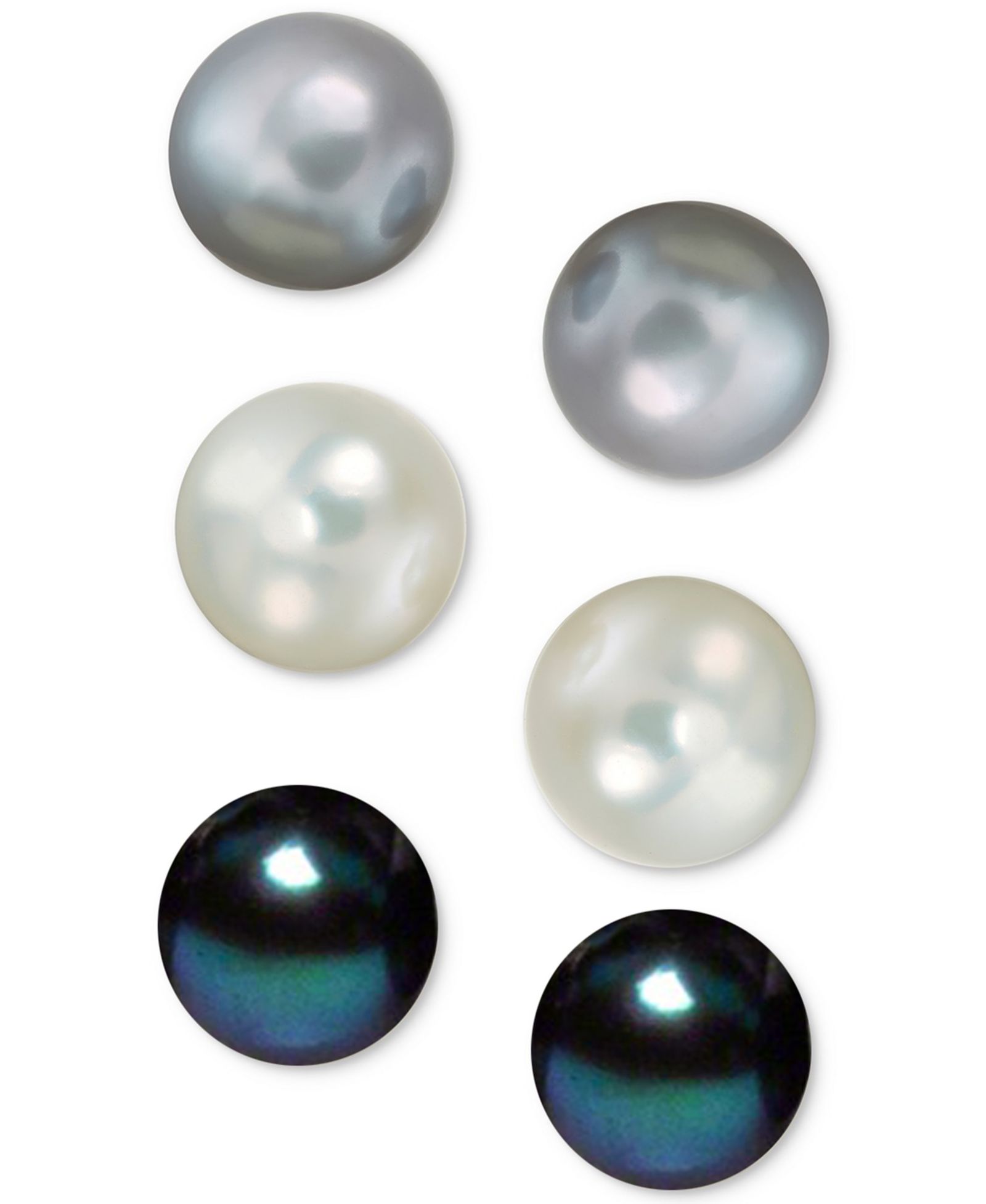 Набор из 3 Stud серьг с натуральным речным жемчугом (8mm) White, Grey & Peacock в Sterling Silver