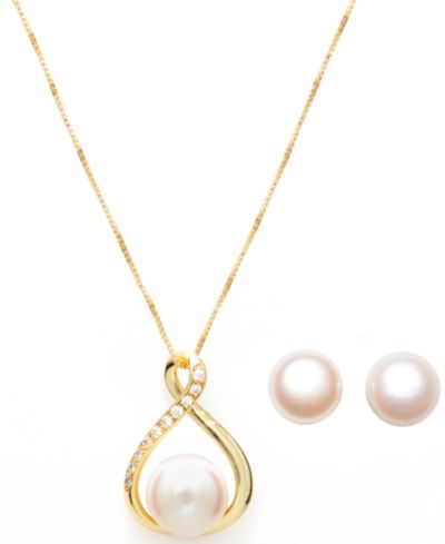 Культивированный речной жемчуг (10-11mm) комплект из кулона Infinity и серег в 18k Gold поверх Sterling Silver