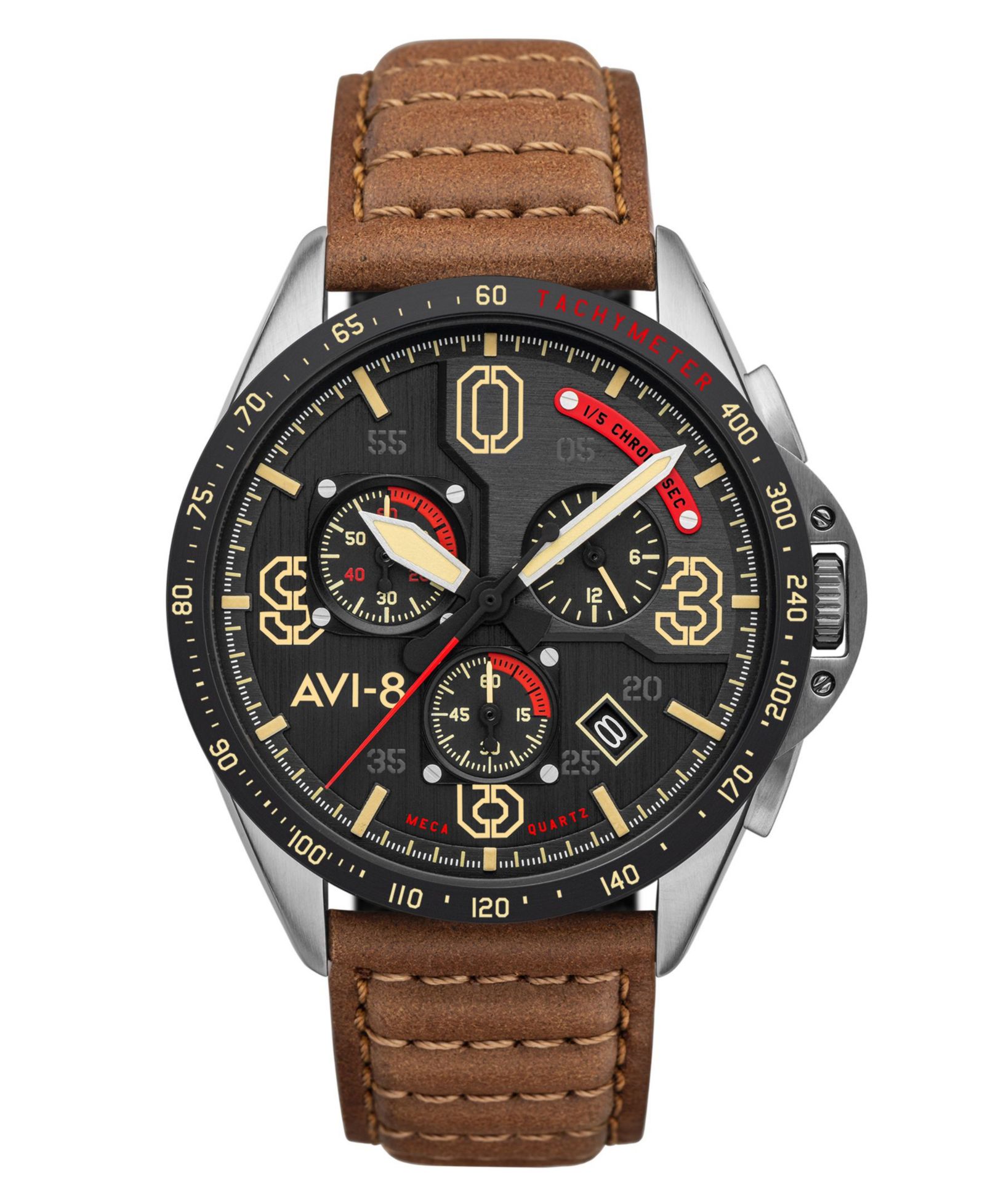 Avi-8 Men's P-51 Mustang Blakeslee Chronograph Bronze Oak Brown Genuine Leather Strap Watch, 43mm