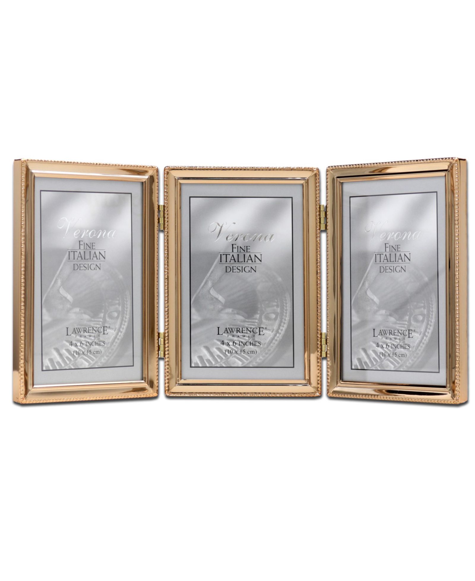 Polished Metal Hinged Triple Picture Frame - Bead Border Design, 4" x 6"