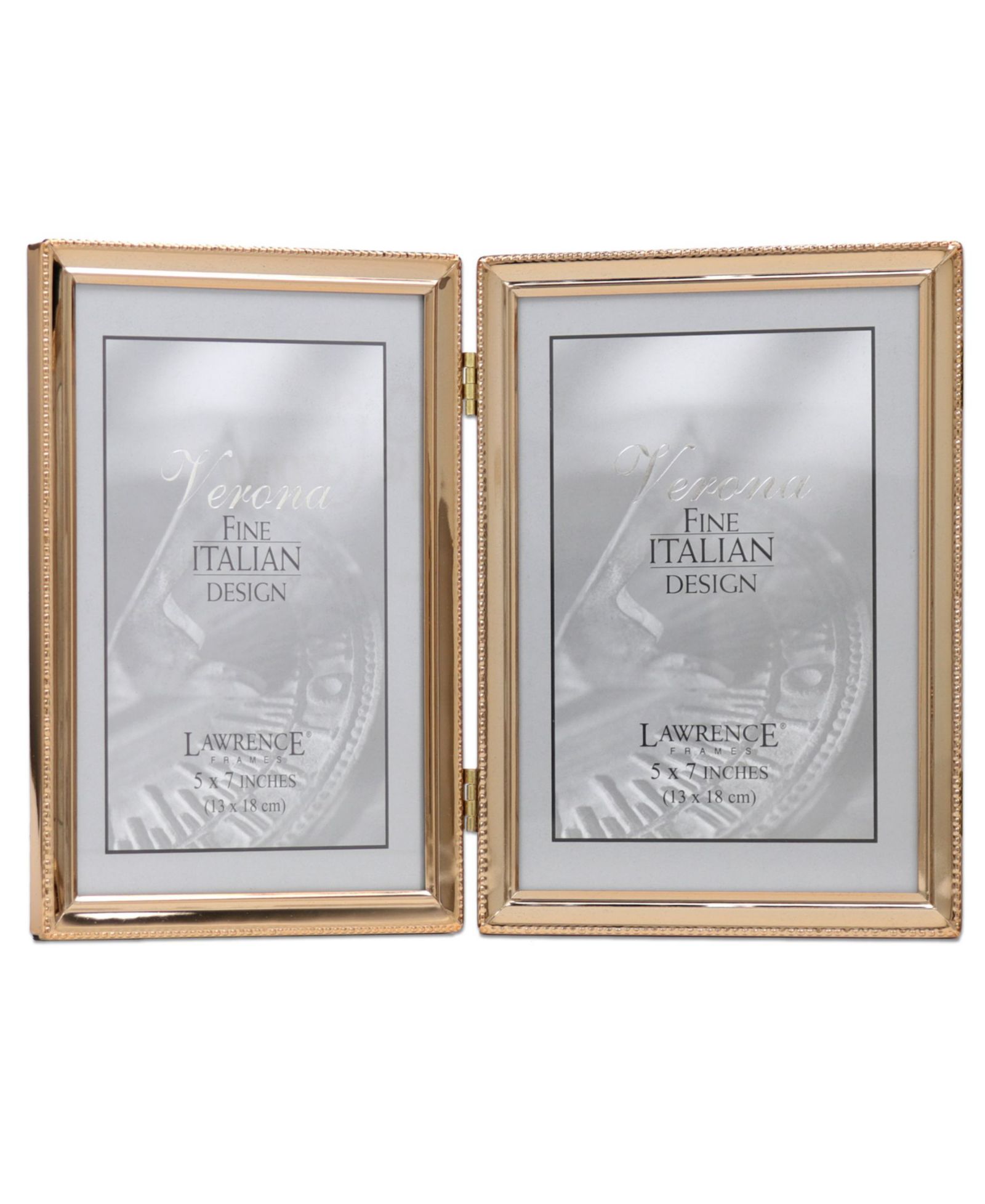 Polished Metal Hinged Double Picture Frame - Bead Border Design, 5" x 7"