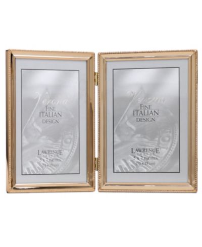 Polished Metal Hinged Double Picture Frame - Bead Border Design, 5" x 7"